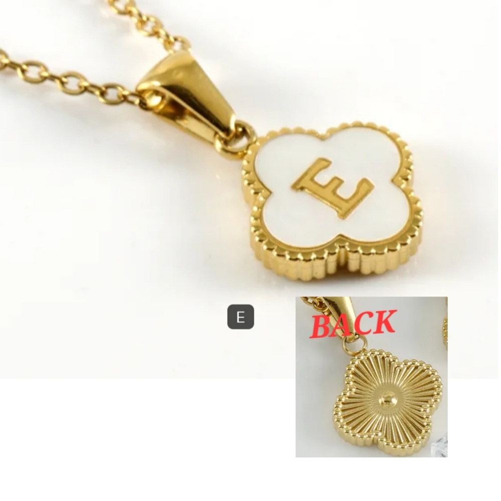 Gold Initial 'E' Clover Pendant Necklace - White & Gold